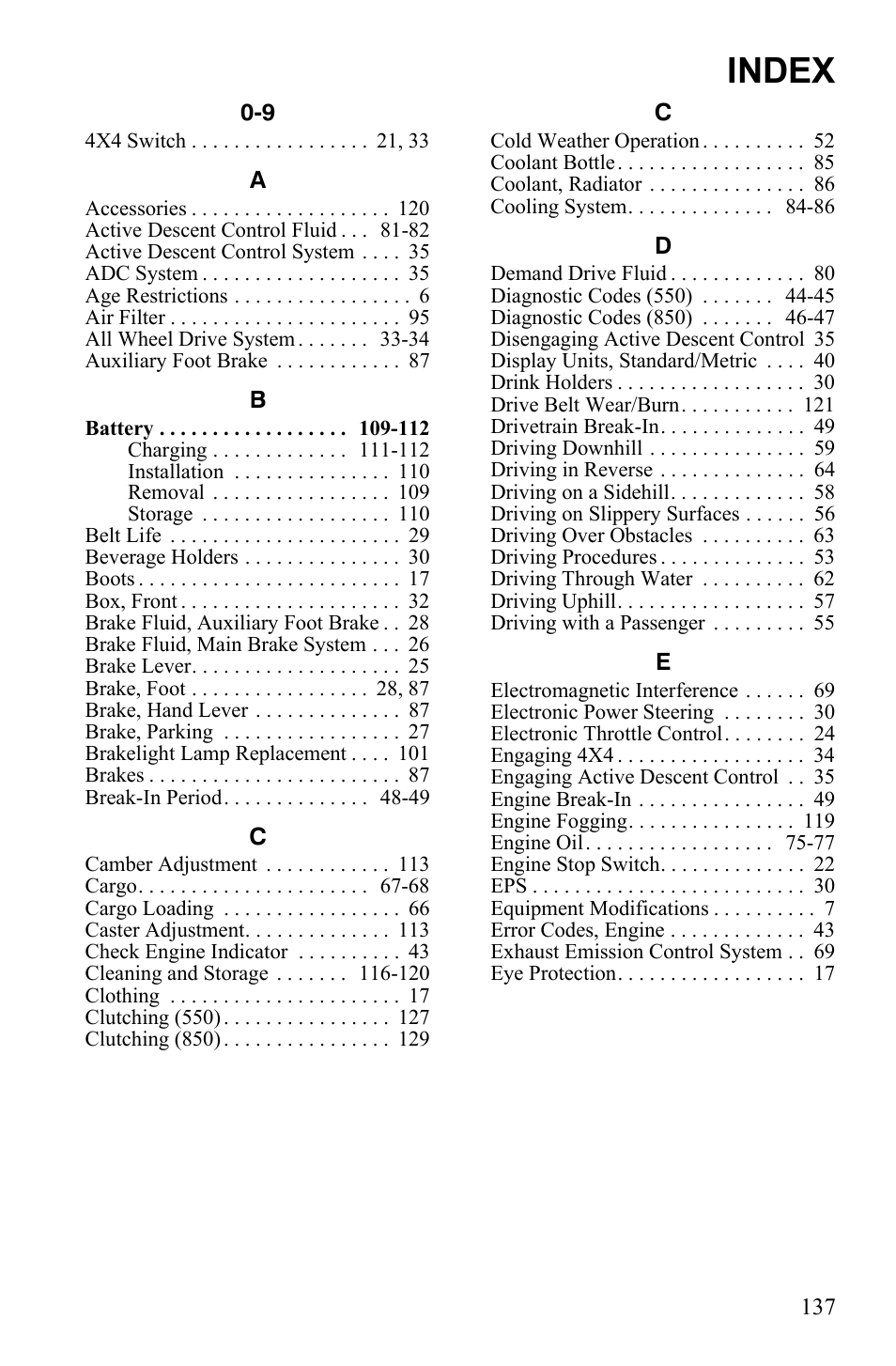Index | Polaris 2011 ATV Sportsman Touring 550 INTL User Manual | Page 140 / 143