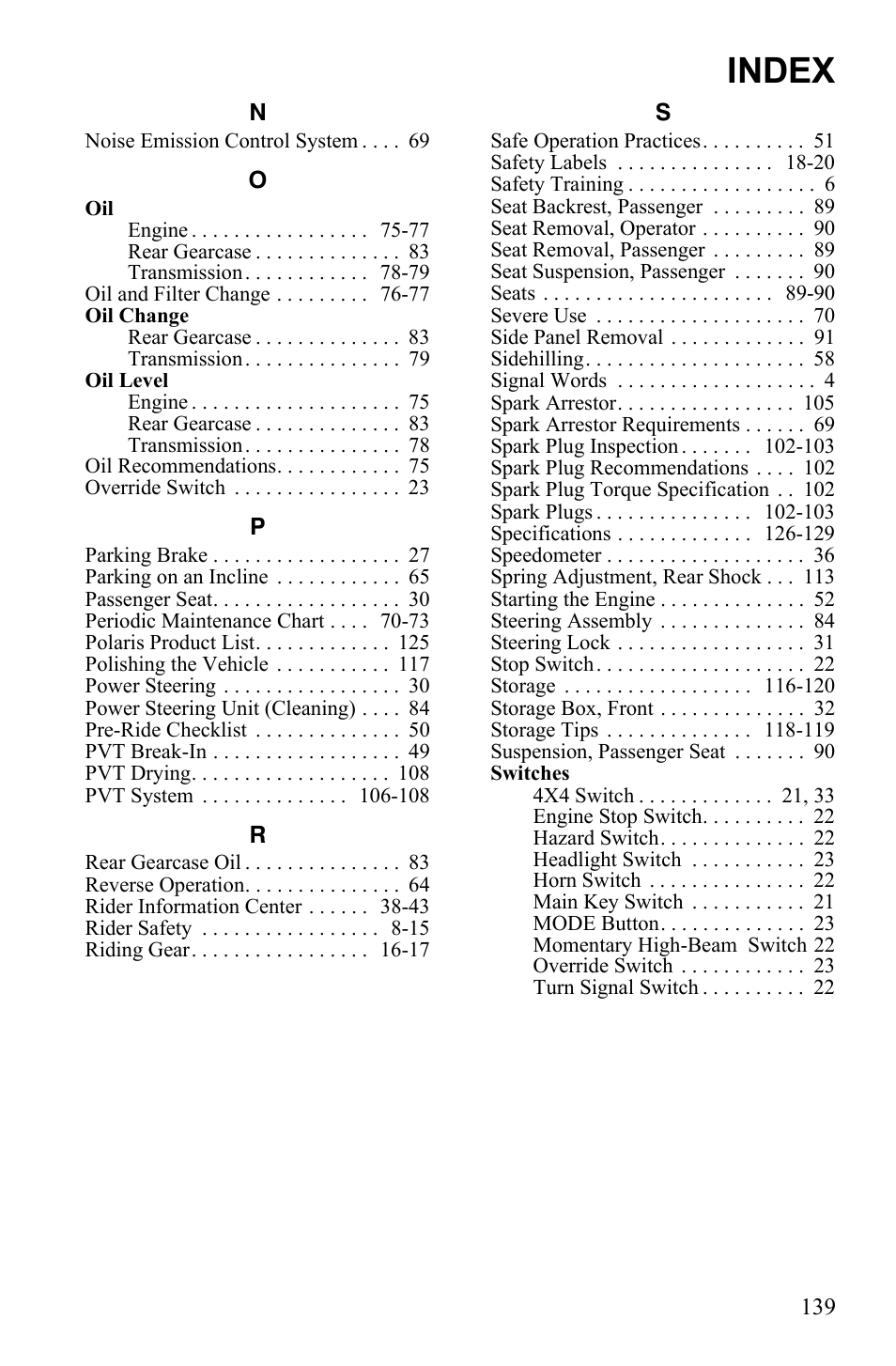 Index | Polaris 2011 ATV Sportsman Touring 550 INTL User Manual | Page 142 / 143