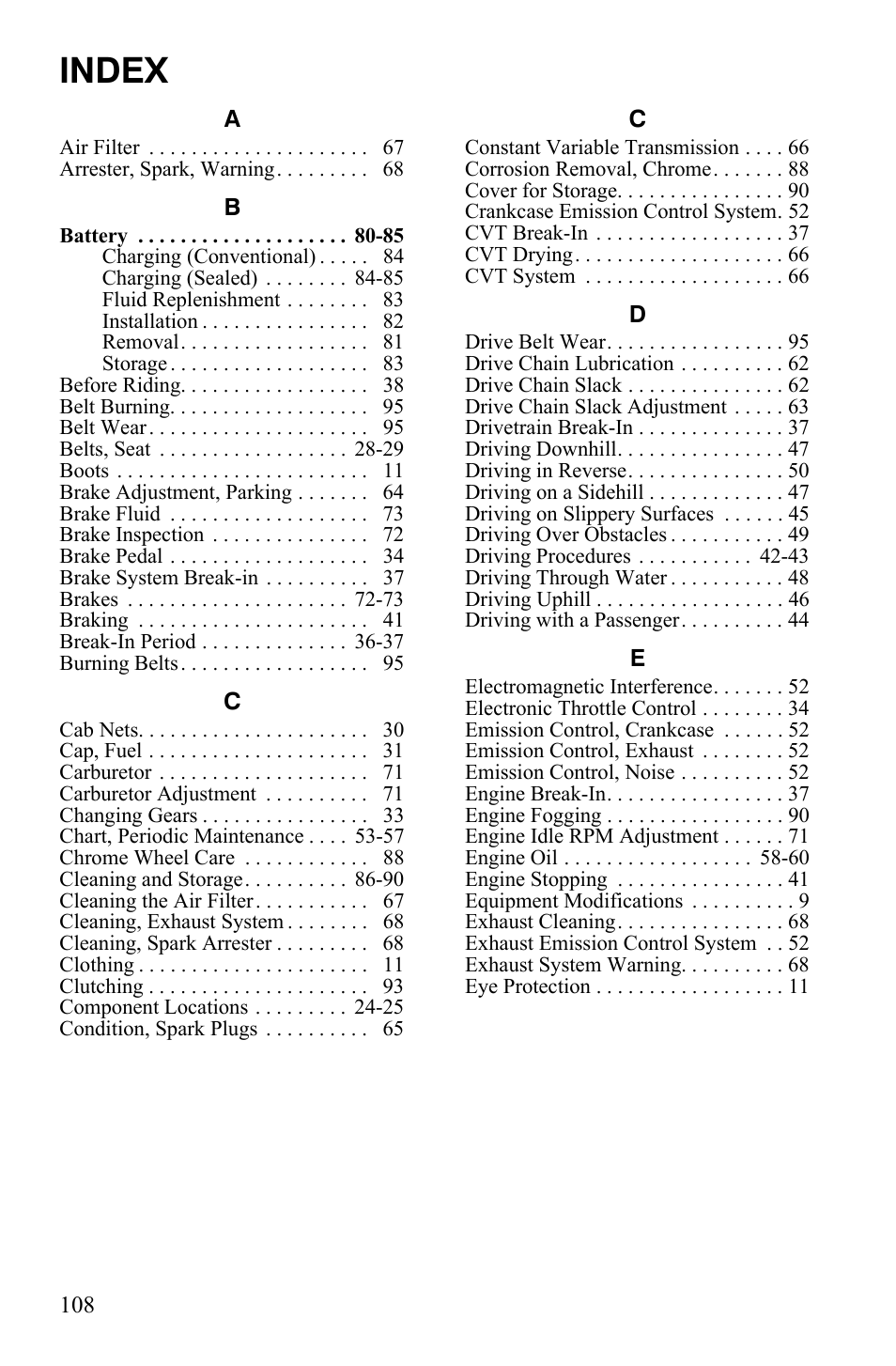 Index | Polaris 2012 ATV RZR 170 User Manual | Page 111 / 114