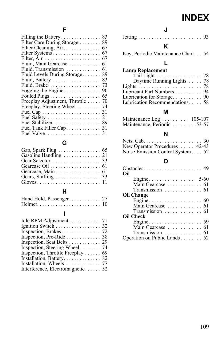 Index | Polaris 2012 ATV RZR 170 User Manual | Page 112 / 114