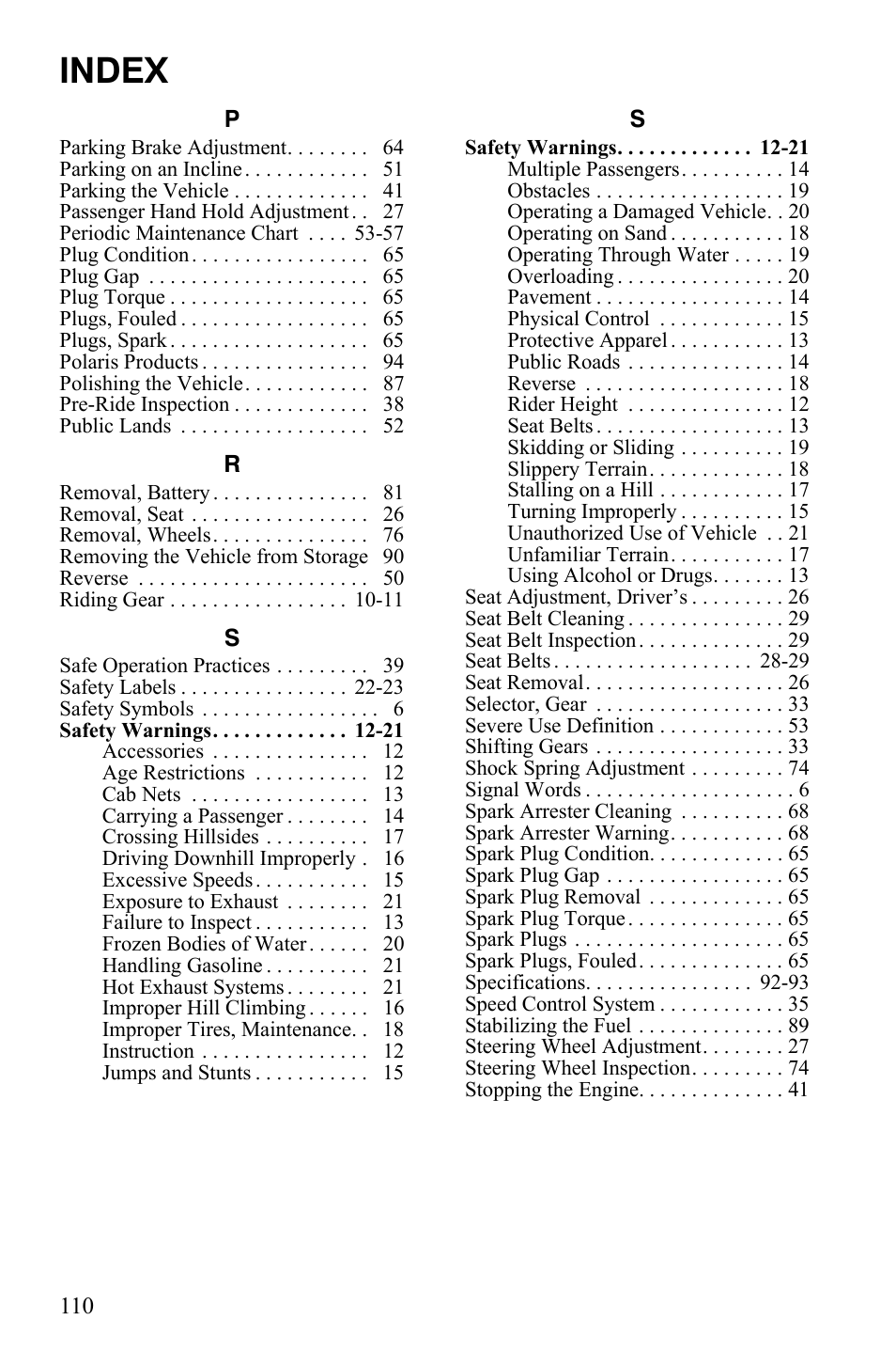 Index | Polaris 2012 ATV RZR 170 User Manual | Page 113 / 114