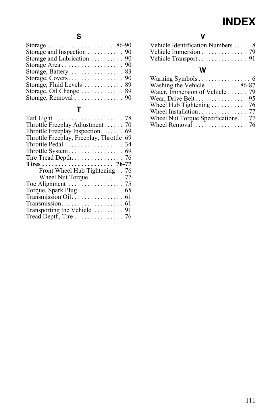 Index | Polaris 2012 ATV RZR 170 User Manual | Page 114 / 114