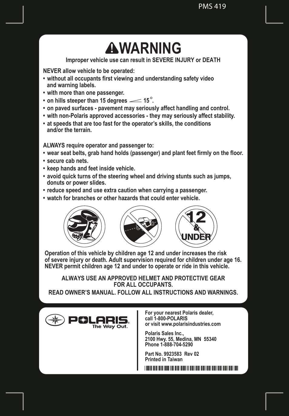 Warning, Pms 419 | Polaris 2012 ATV RZR 170 User Manual | Page 3 / 114