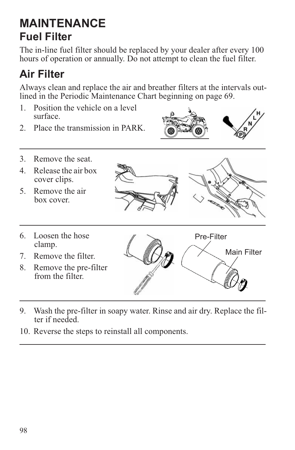 Maintenance, Fuel filter, Air filter | Polaris 2013 ATV Sportsman 500 Tractor INTL User Manual | Page 100 / 141