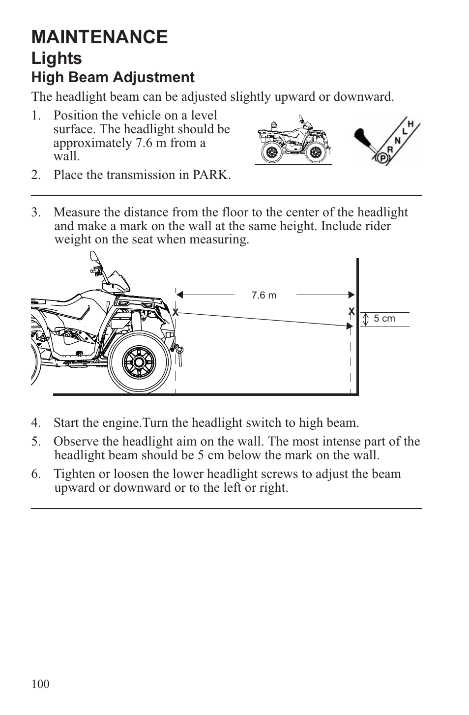Maintenance, Lights, High beam adjustment | Polaris 2013 ATV Sportsman 500 Tractor INTL User Manual | Page 102 / 141