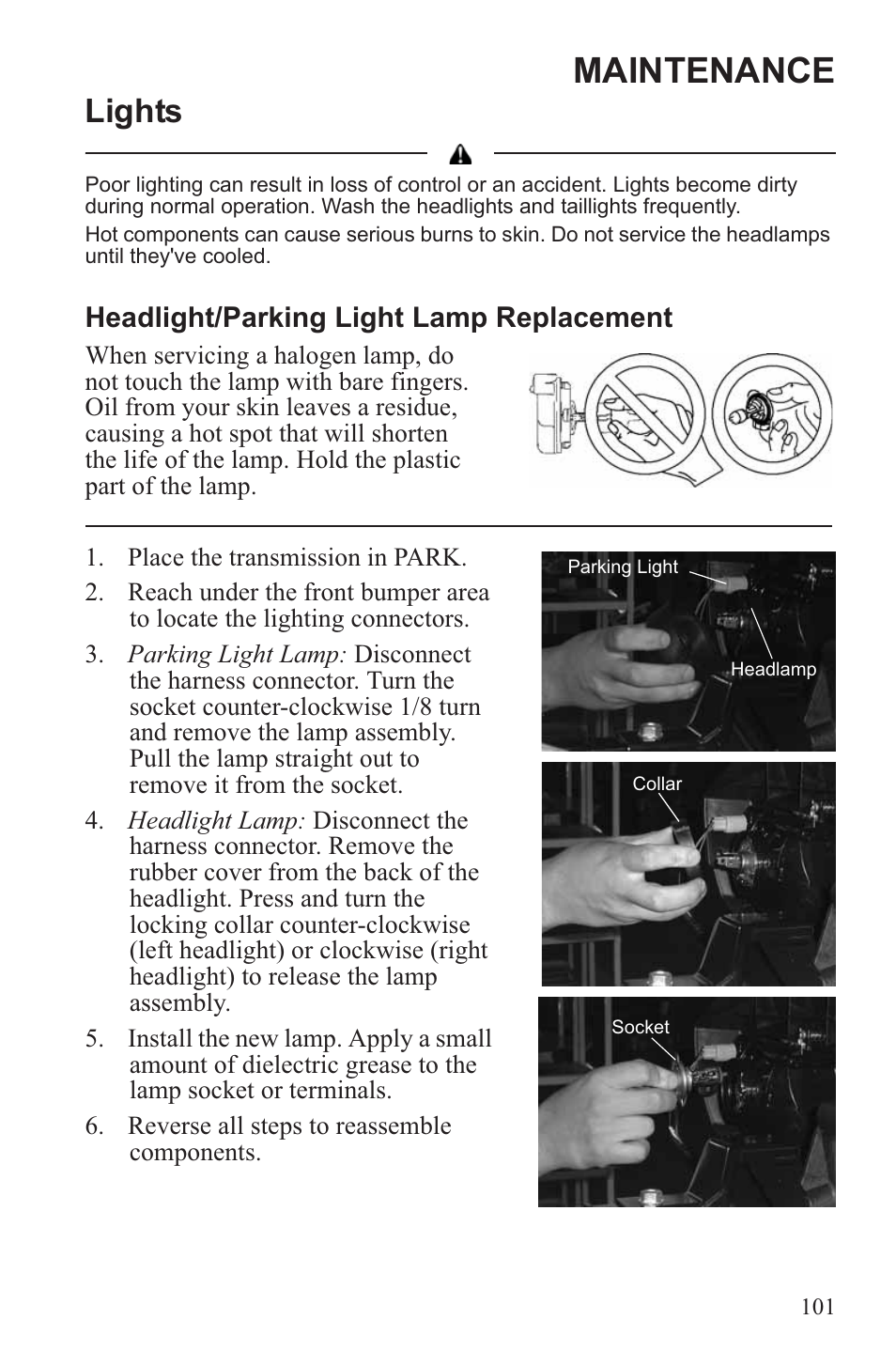 Maintenance, Lights, Headlight/parking light lamp replacement | Polaris 2013 ATV Sportsman 500 Tractor INTL User Manual | Page 103 / 141