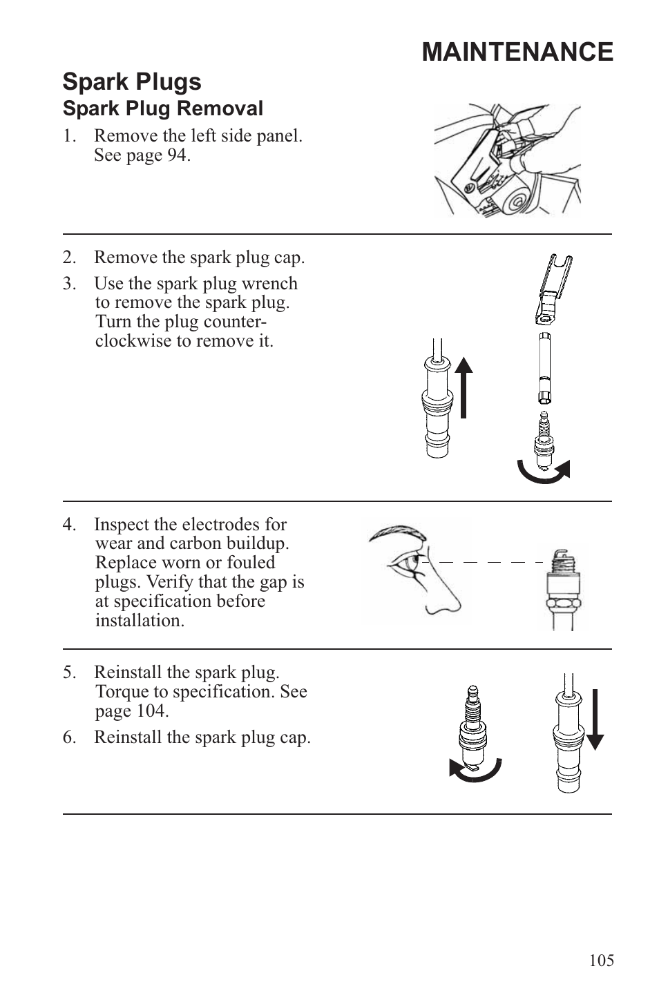 Maintenance, Spark plugs | Polaris 2013 ATV Sportsman 500 Tractor INTL User Manual | Page 107 / 141