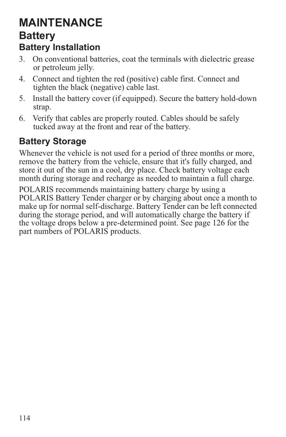 Maintenance, Battery | Polaris 2013 ATV Sportsman 500 Tractor INTL User Manual | Page 116 / 141