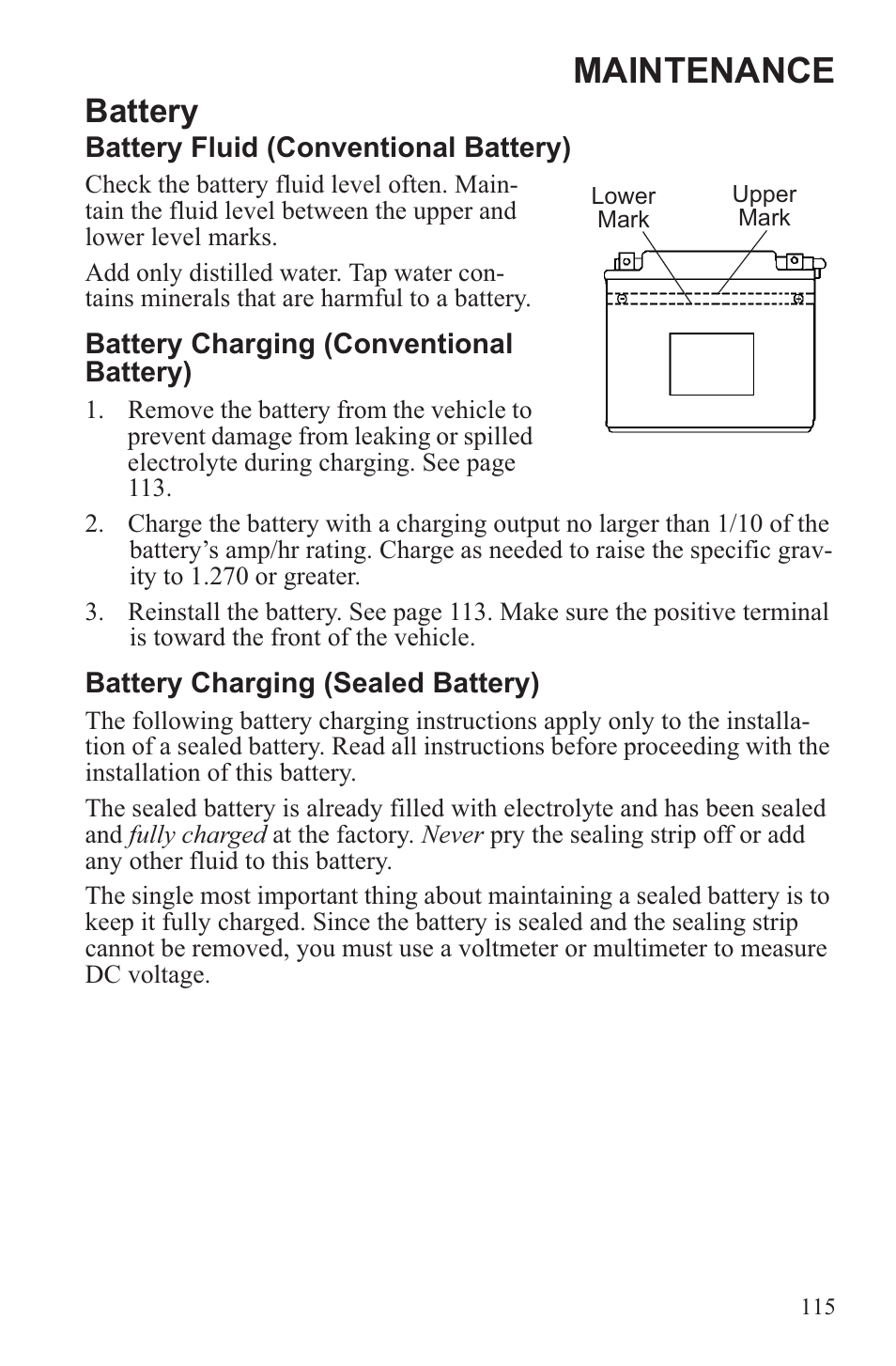 Maintenance, Battery | Polaris 2013 ATV Sportsman 500 Tractor INTL User Manual | Page 117 / 141