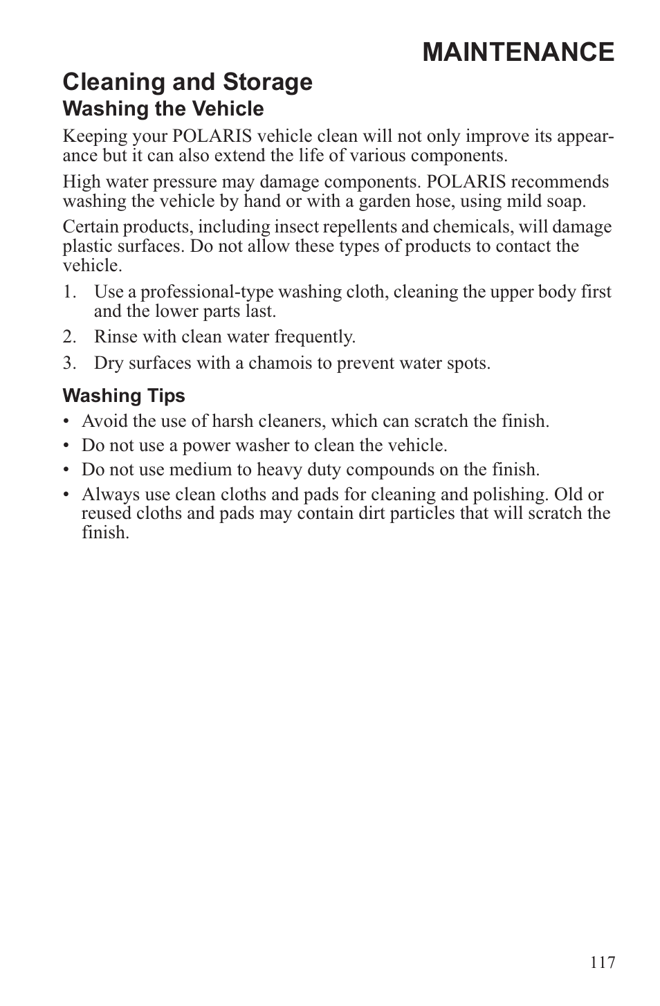 Maintenance, Cleaning and storage | Polaris 2013 ATV Sportsman 500 Tractor INTL User Manual | Page 119 / 141