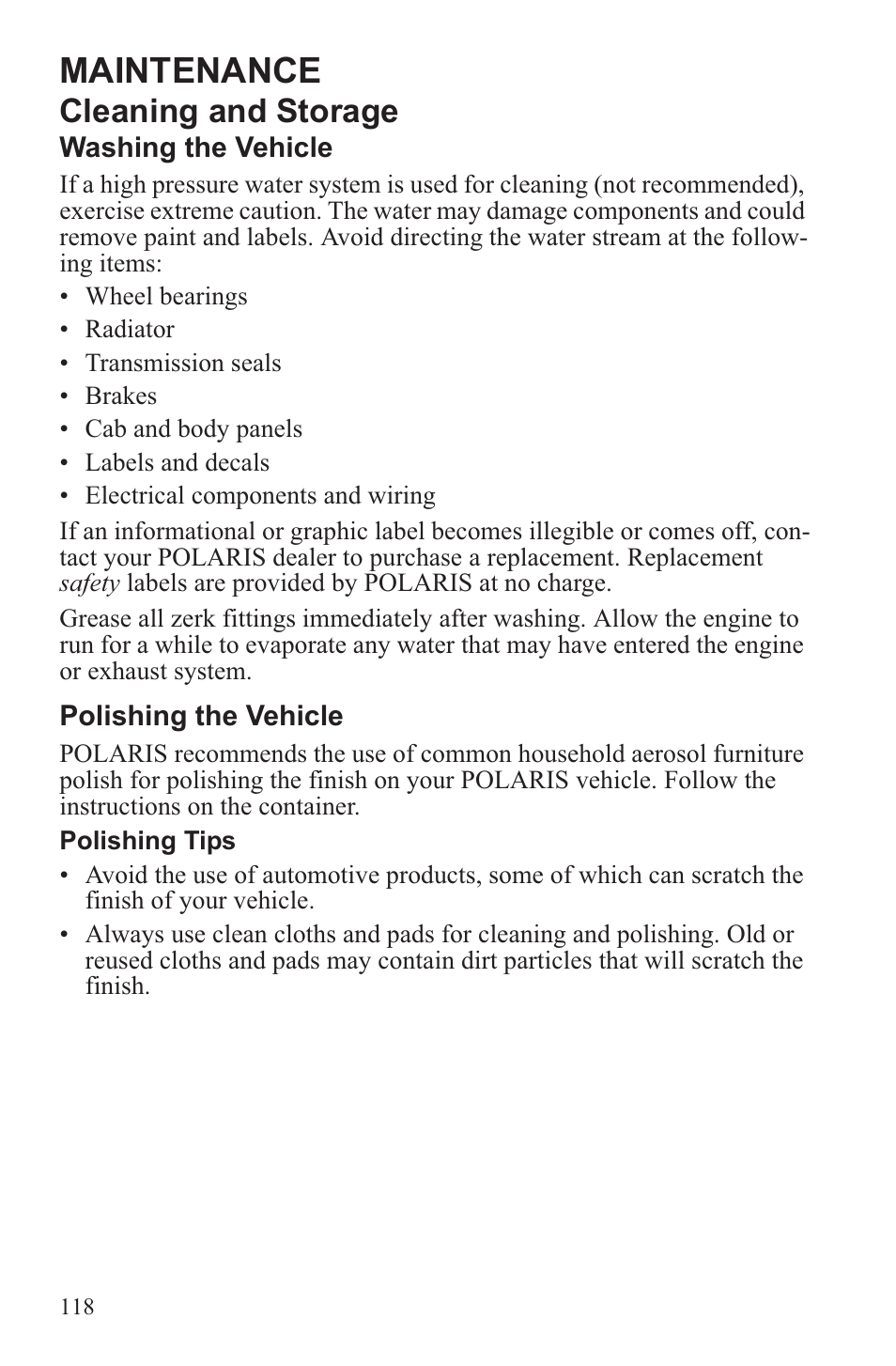 Maintenance, Cleaning and storage | Polaris 2013 ATV Sportsman 500 Tractor INTL User Manual | Page 120 / 141