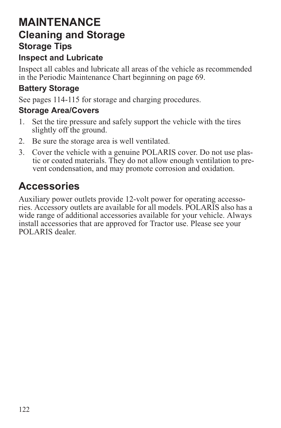 Maintenance, Cleaning and storage, Accessories | Polaris 2013 ATV Sportsman 500 Tractor INTL User Manual | Page 124 / 141