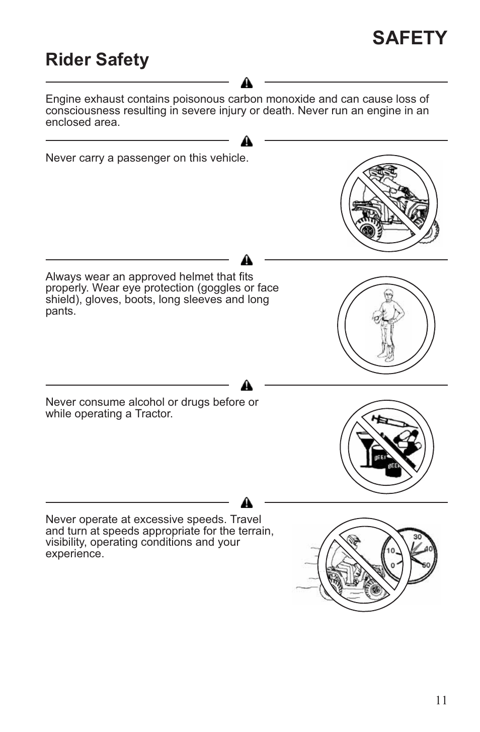 Safety, Rider safety | Polaris 2013 ATV Sportsman 500 Tractor INTL User Manual | Page 13 / 141