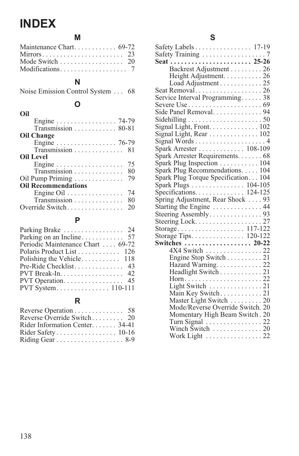 Index | Polaris 2013 ATV Sportsman 500 Tractor INTL User Manual | Page 140 / 141