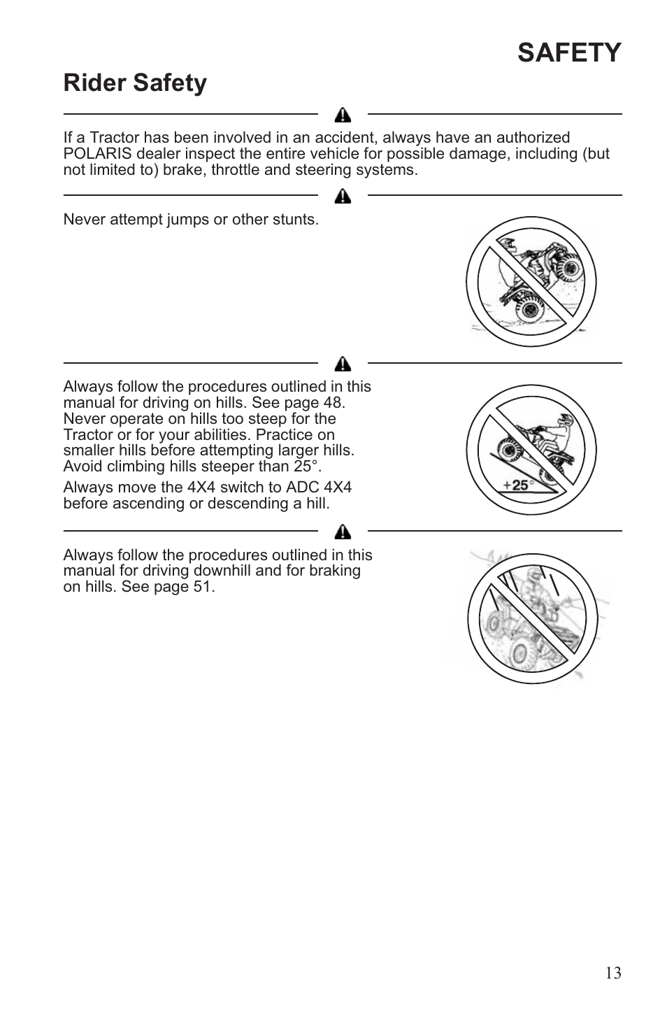 Safety, Rider safety | Polaris 2013 ATV Sportsman 500 Tractor INTL User Manual | Page 15 / 141