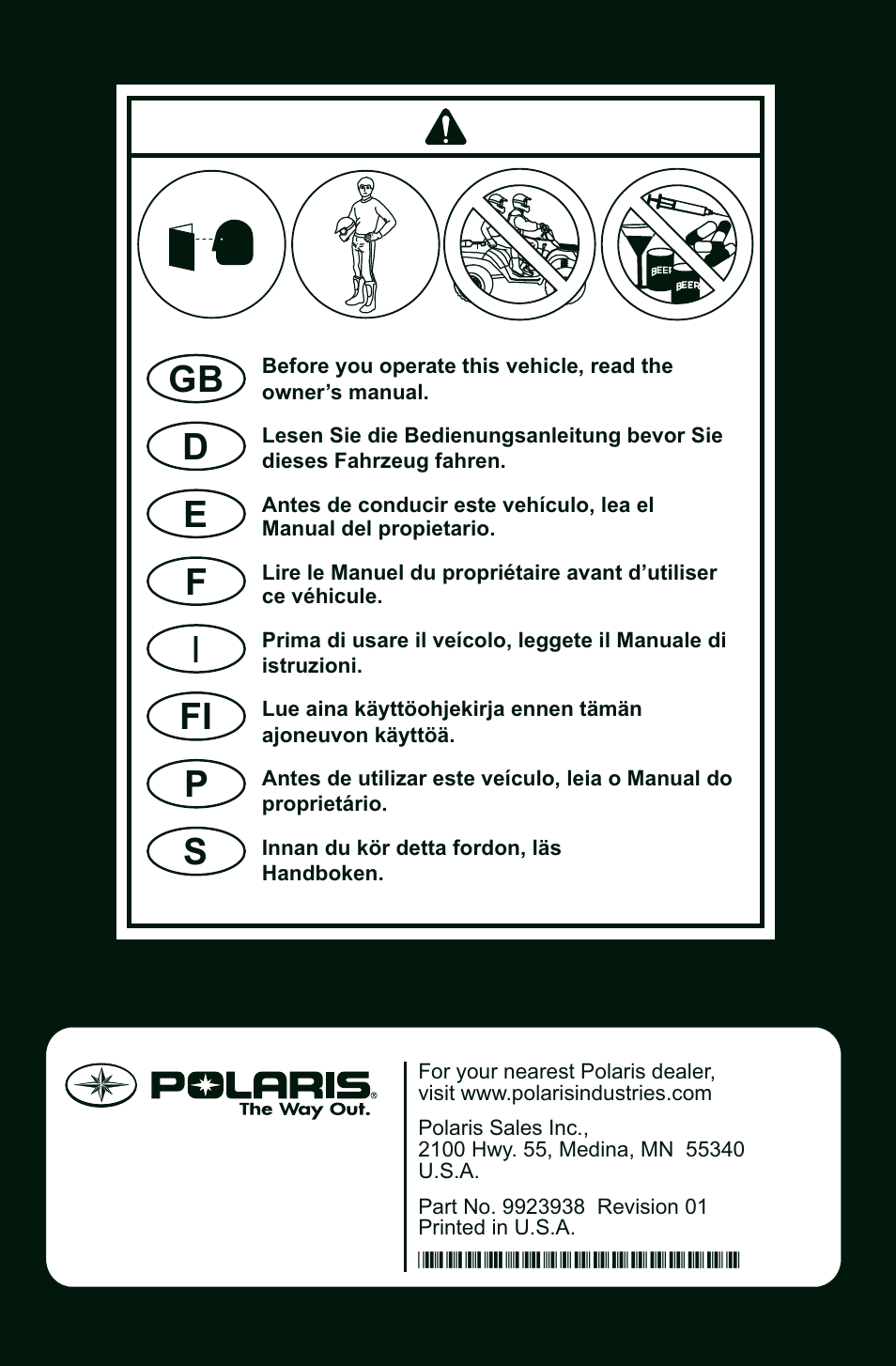 Polaris 2013 ATV Sportsman 500 Tractor INTL User Manual | Page 2 / 141