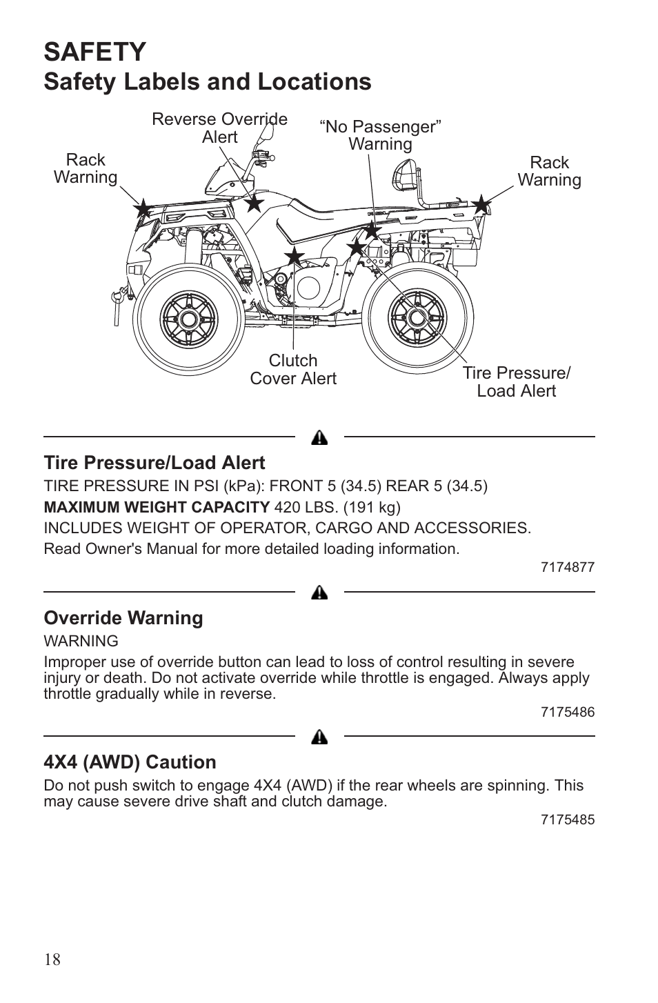 Safety, Safety labels and locations | Polaris 2013 ATV Sportsman 500 Tractor INTL User Manual | Page 20 / 141