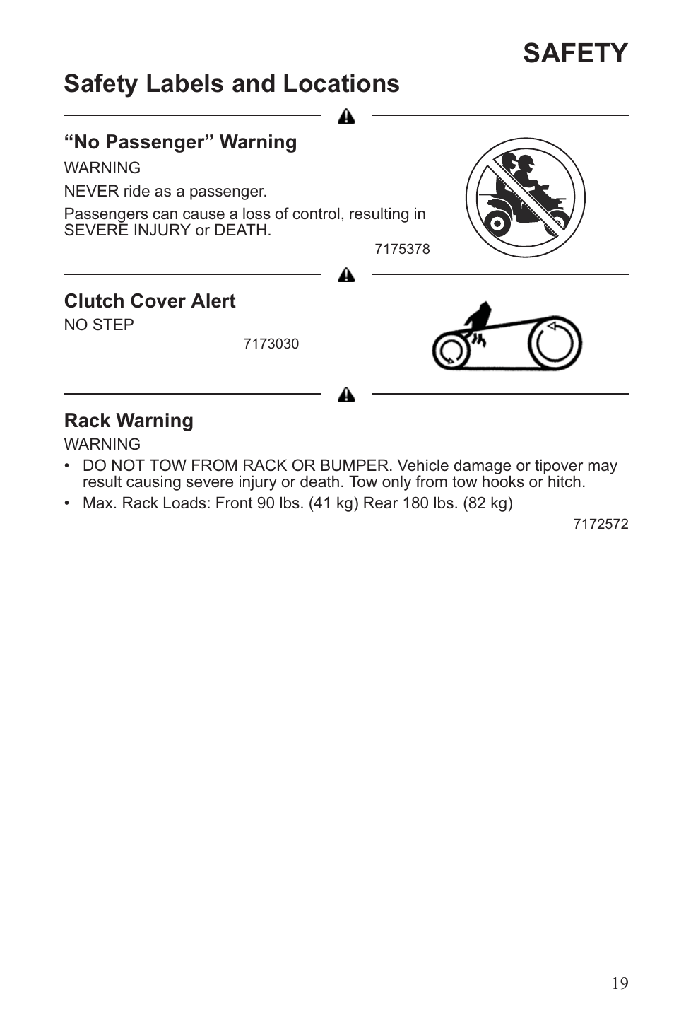 Safety, Safety labels and locations | Polaris 2013 ATV Sportsman 500 Tractor INTL User Manual | Page 21 / 141