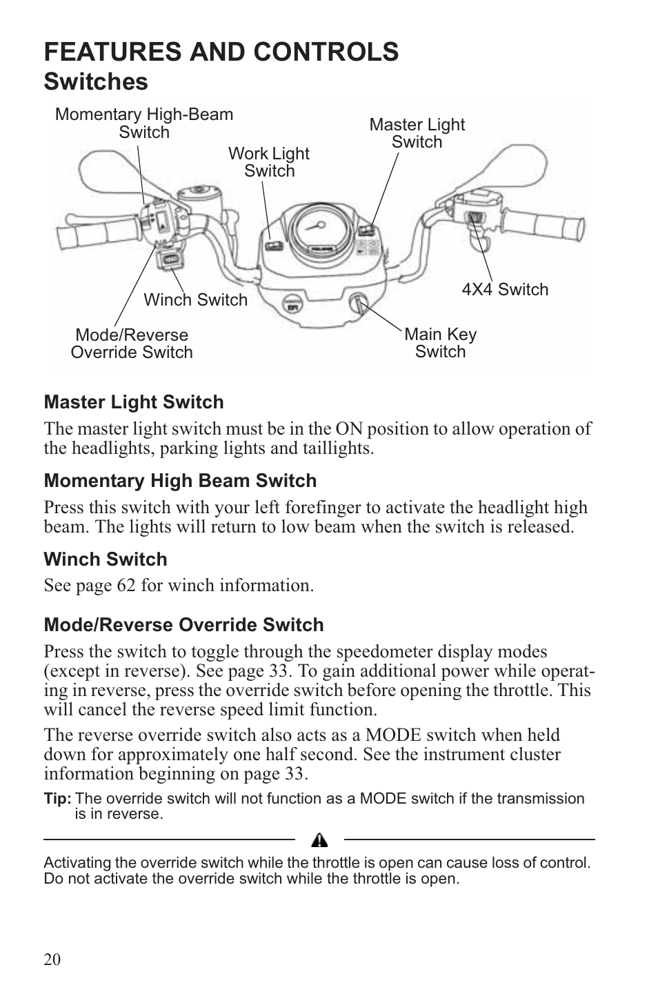 Features and controls, Switches | Polaris 2013 ATV Sportsman 500 Tractor INTL User Manual | Page 22 / 141