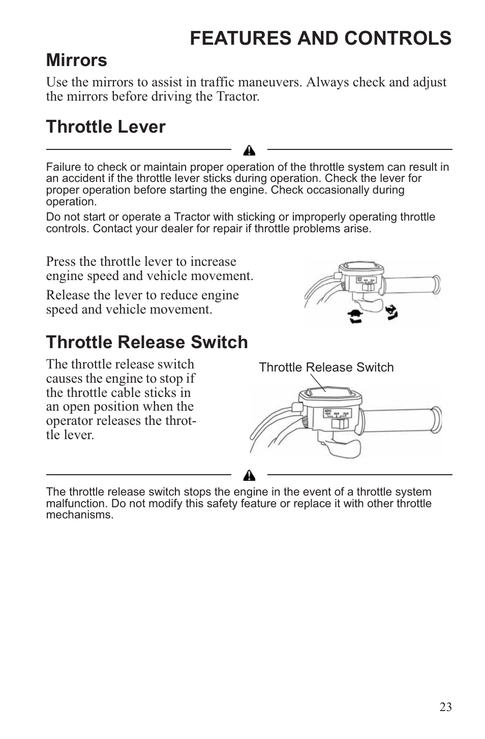 Features and controls, Mirrors, Throttle lever | Throttle release switch | Polaris 2013 ATV Sportsman 500 Tractor INTL User Manual | Page 25 / 141