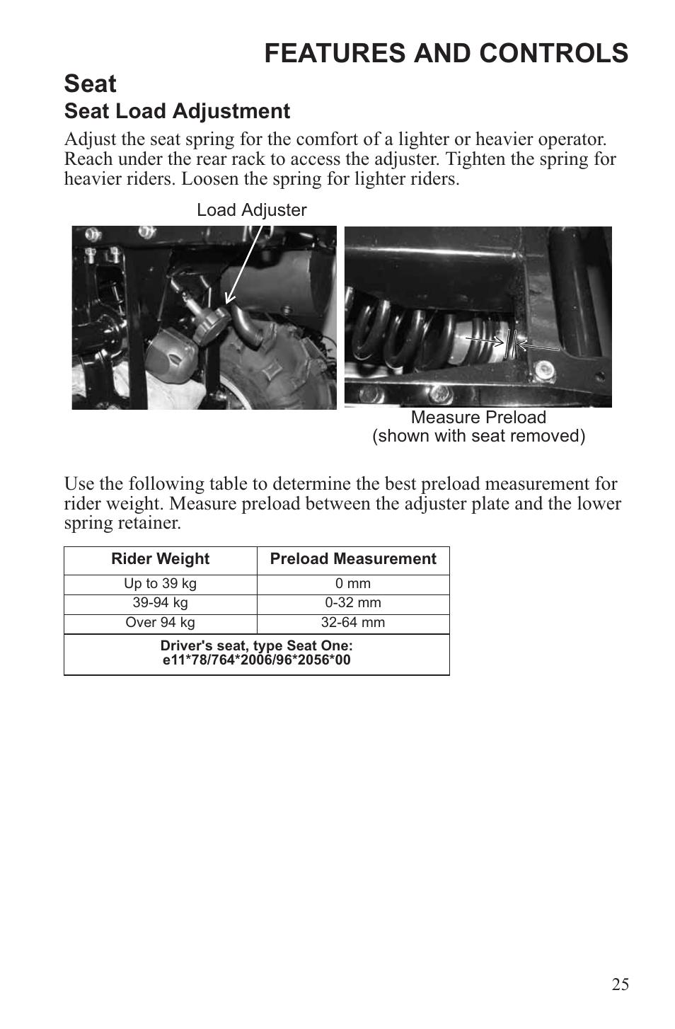 Features and controls, Seat, Seat load adjustment | Polaris 2013 ATV Sportsman 500 Tractor INTL User Manual | Page 27 / 141