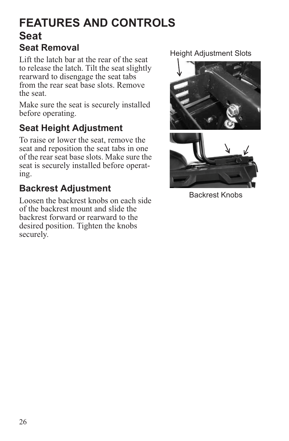 Features and controls, Seat | Polaris 2013 ATV Sportsman 500 Tractor INTL User Manual | Page 28 / 141