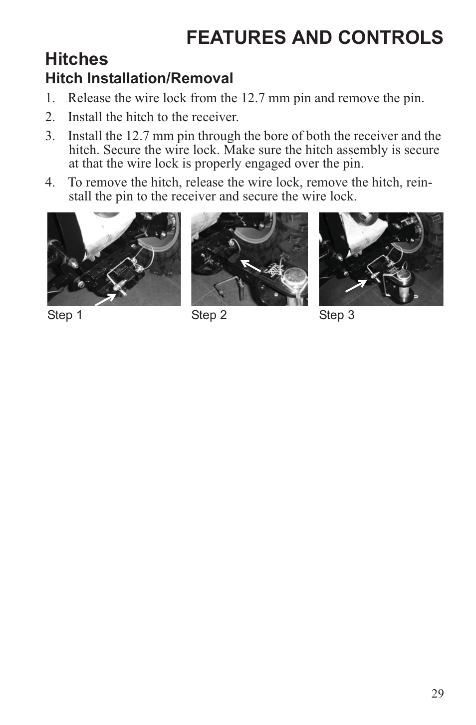 Features and controls, Hitches | Polaris 2013 ATV Sportsman 500 Tractor INTL User Manual | Page 31 / 141