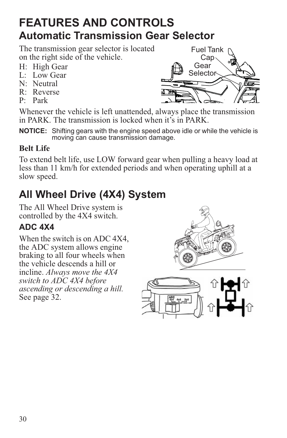 Features and controls, Automatic transmission gear selector, All wheel drive (4x4) system | Polaris 2013 ATV Sportsman 500 Tractor INTL User Manual | Page 32 / 141