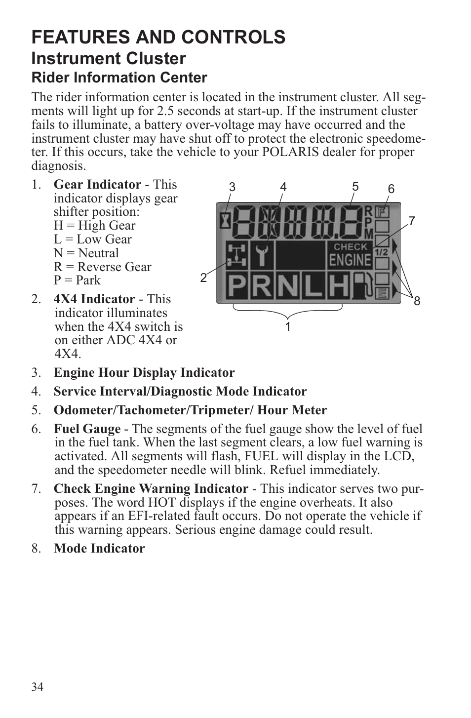 Features and controls, Instrument cluster | Polaris 2013 ATV Sportsman 500 Tractor INTL User Manual | Page 36 / 141