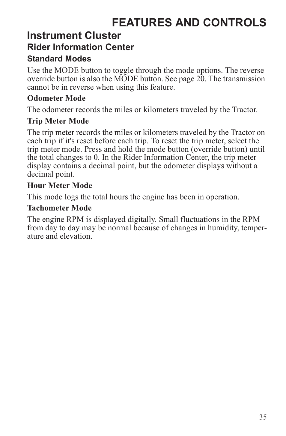 Features and controls, Instrument cluster | Polaris 2013 ATV Sportsman 500 Tractor INTL User Manual | Page 37 / 141