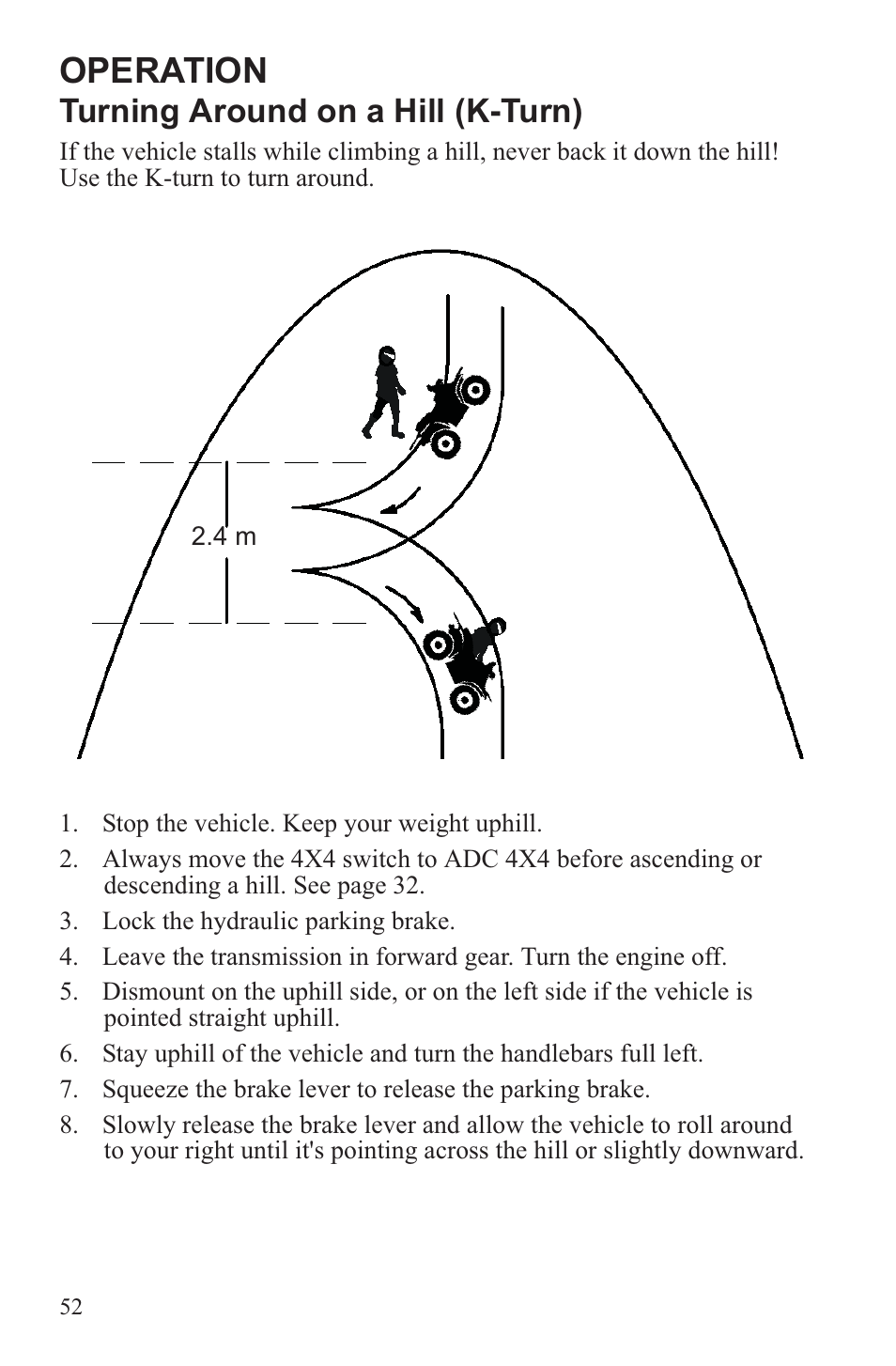 Operation, Turning around on a hill (k-turn) | Polaris 2013 ATV Sportsman 500 Tractor INTL User Manual | Page 54 / 141