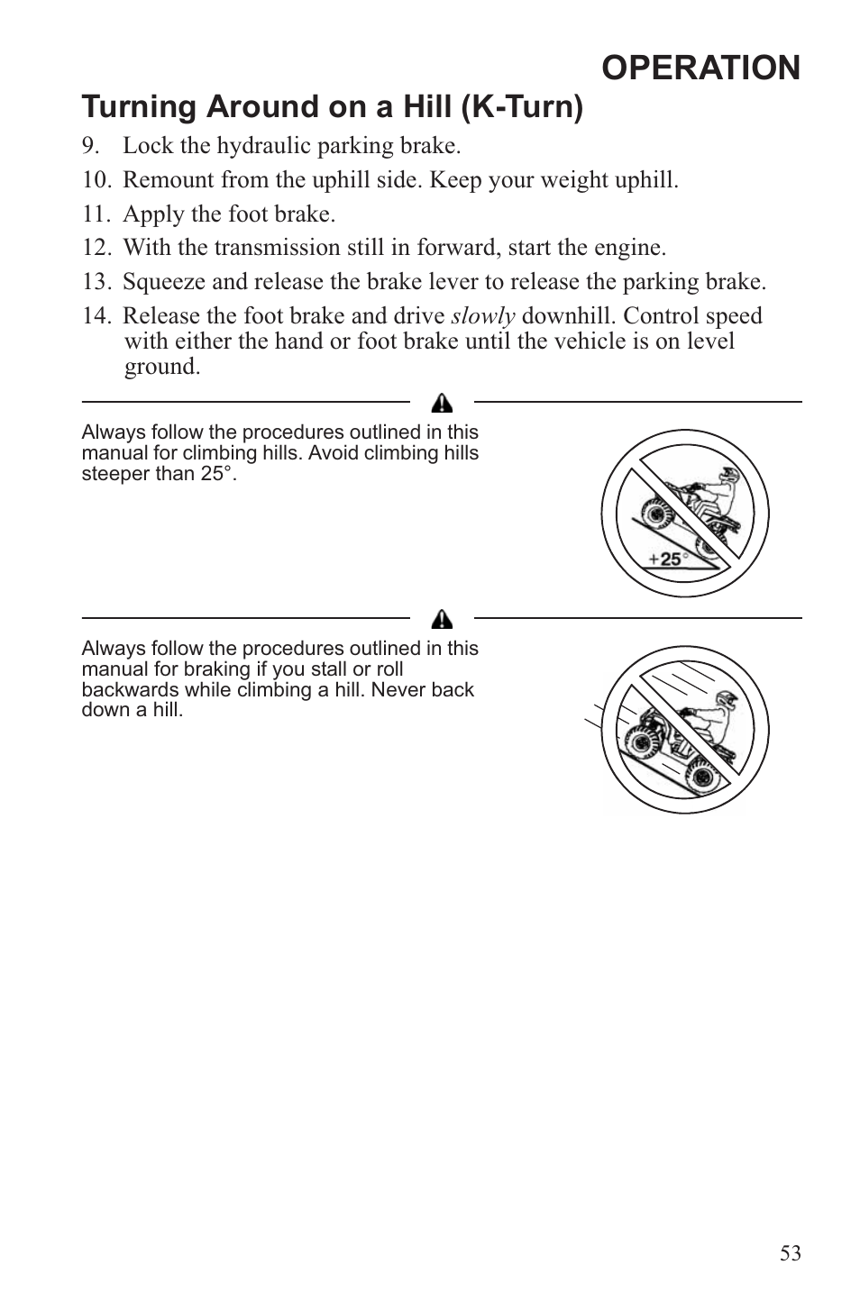 Operation, Turning around on a hill (k-turn) | Polaris 2013 ATV Sportsman 500 Tractor INTL User Manual | Page 55 / 141