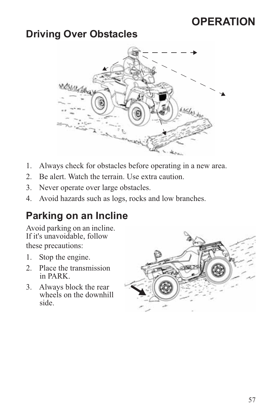 Operation, Driving over obstacles, Parking on an incline | Polaris 2013 ATV Sportsman 500 Tractor INTL User Manual | Page 59 / 141