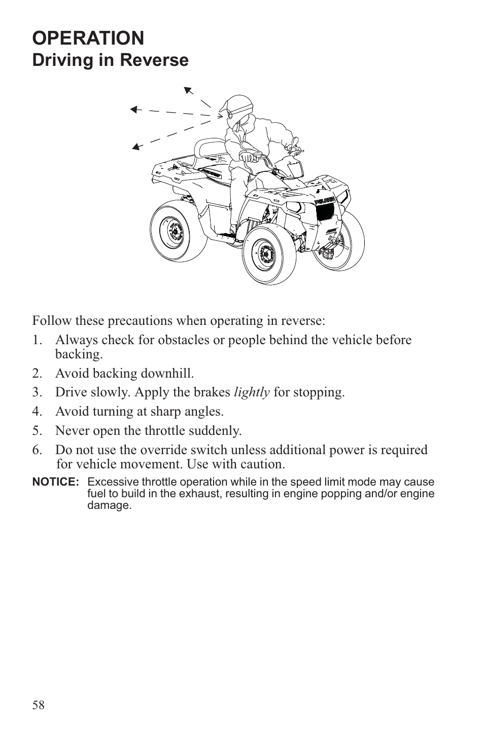 Operation, Driving in reverse | Polaris 2013 ATV Sportsman 500 Tractor INTL User Manual | Page 60 / 141