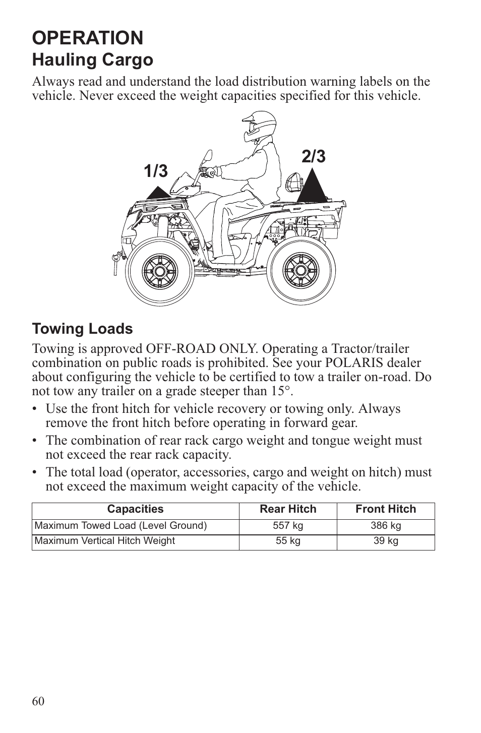 Operation, Hauling cargo, Towing loads | Polaris 2013 ATV Sportsman 500 Tractor INTL User Manual | Page 62 / 141