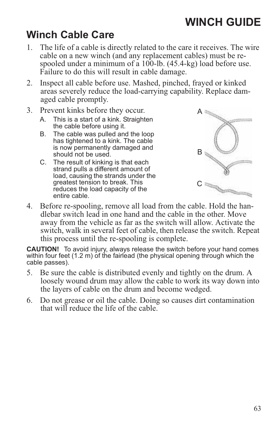 Winch guide, Winch cable care | Polaris 2013 ATV Sportsman 500 Tractor INTL User Manual | Page 65 / 141