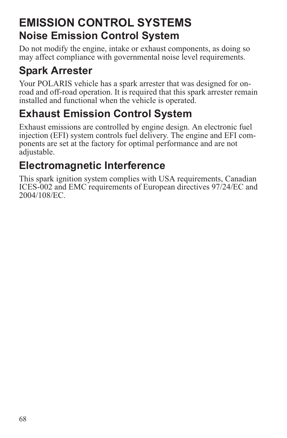 Emission control systems, Noise emission control system, Spark arrester | Exhaust emission control system, Electromagnetic interference | Polaris 2013 ATV Sportsman 500 Tractor INTL User Manual | Page 70 / 141