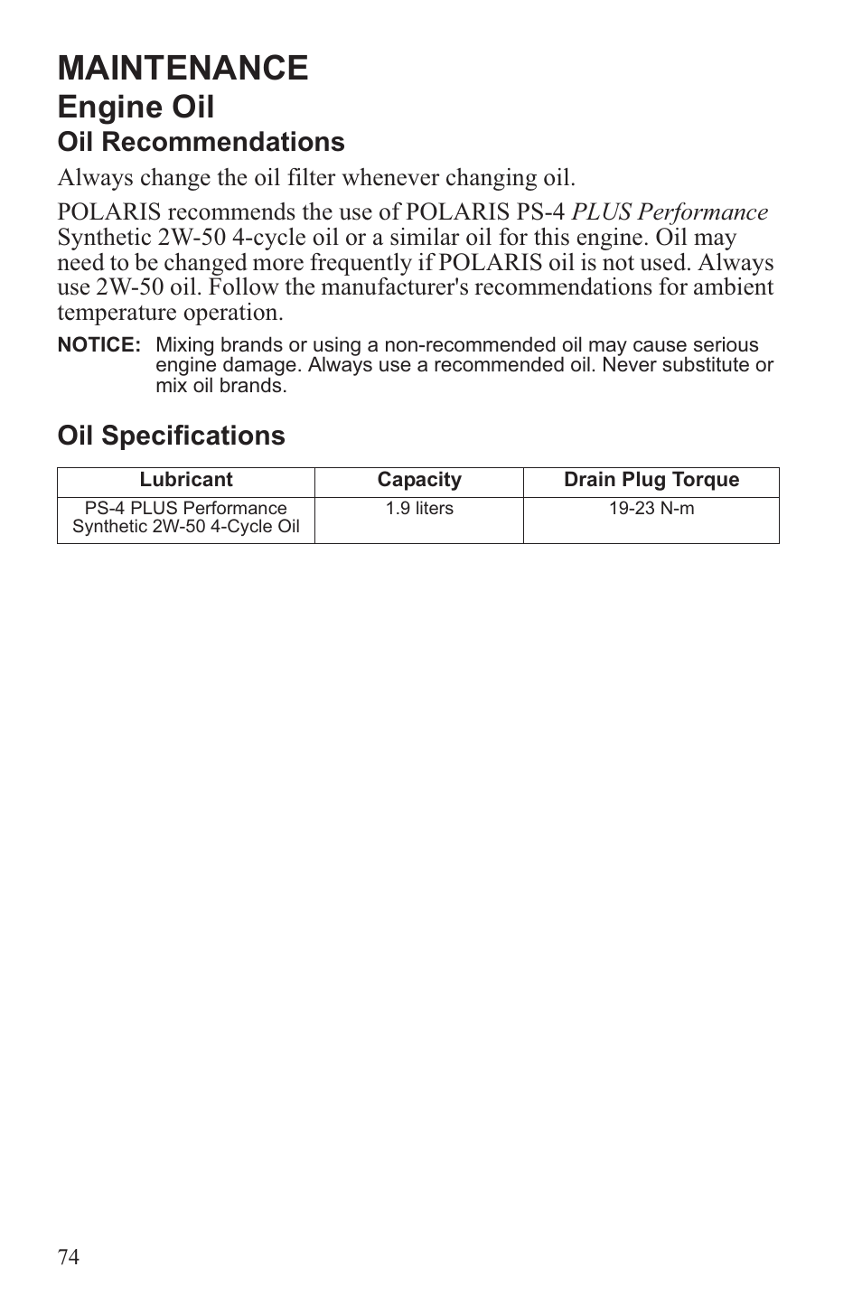 Maintenance, Engine oil, Oil recommendations | Oil specifications | Polaris 2013 ATV Sportsman 500 Tractor INTL User Manual | Page 76 / 141