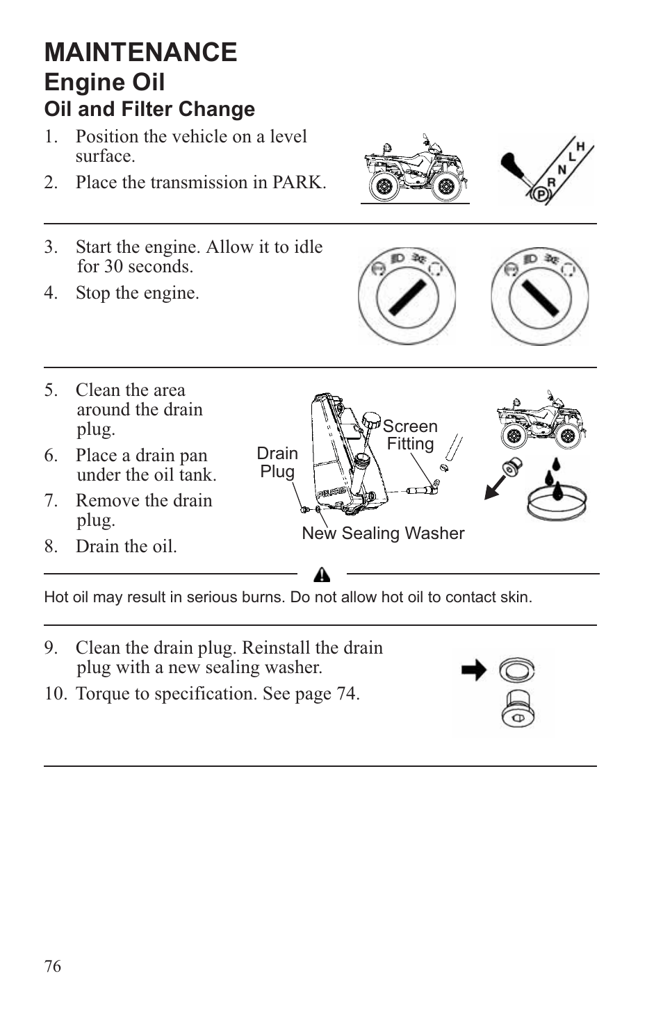 Maintenance, Engine oil | Polaris 2013 ATV Sportsman 500 Tractor INTL User Manual | Page 78 / 141