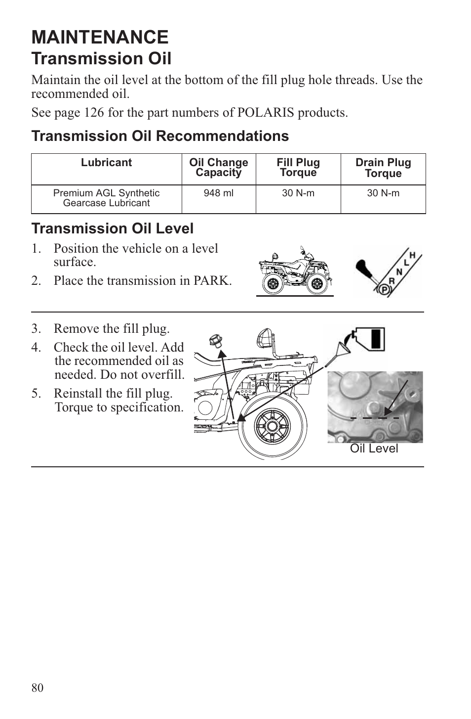 Maintenance, Transmission oil | Polaris 2013 ATV Sportsman 500 Tractor INTL User Manual | Page 82 / 141