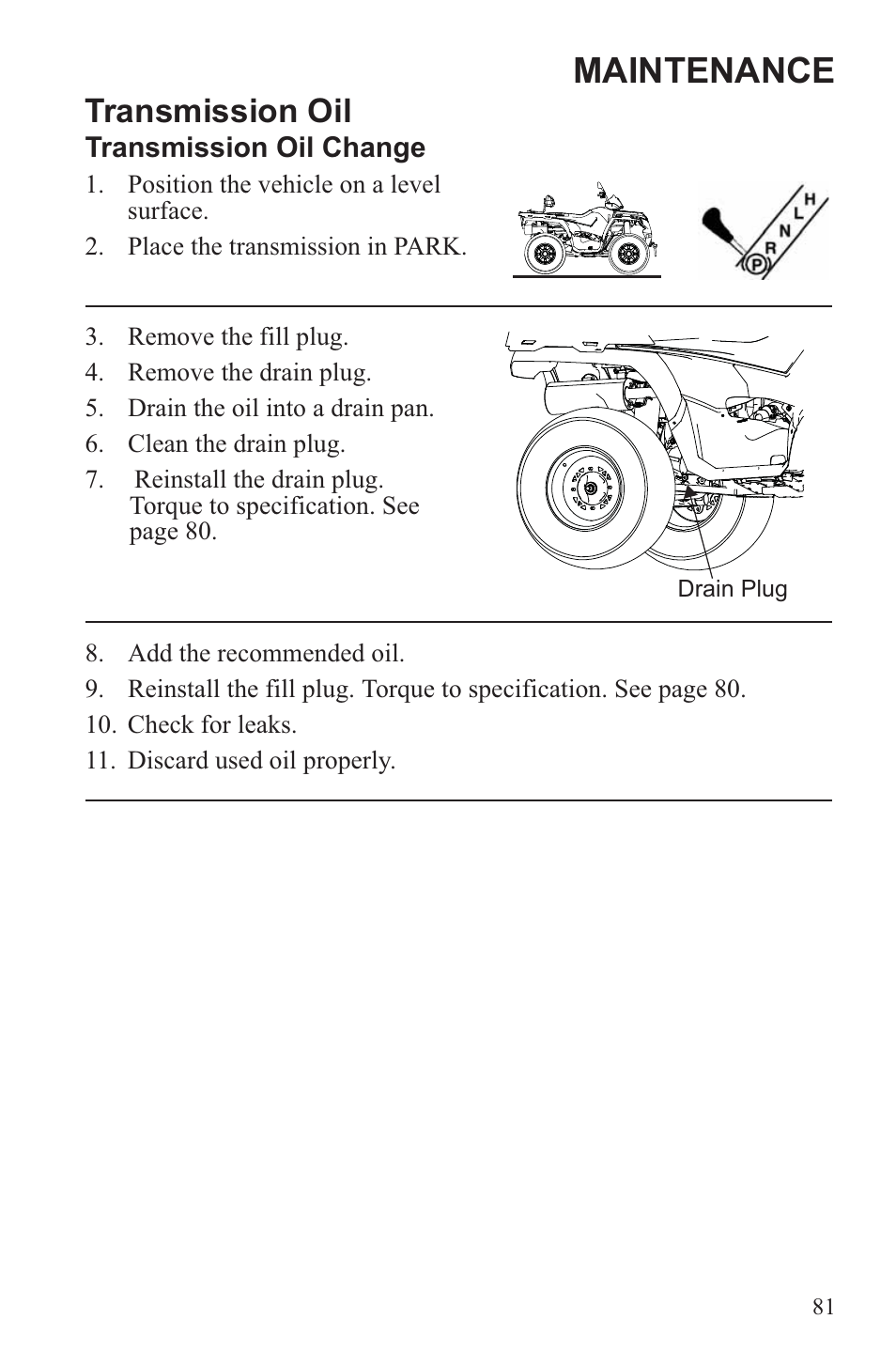 Maintenance, Transmission oil | Polaris 2013 ATV Sportsman 500 Tractor INTL User Manual | Page 83 / 141