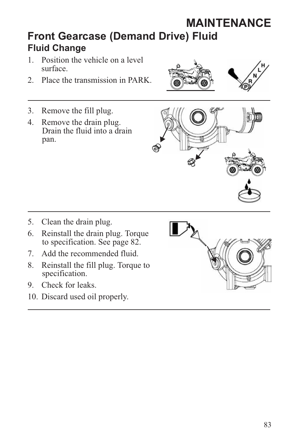 Maintenance, Front gearcase (demand drive) fluid | Polaris 2013 ATV Sportsman 500 Tractor INTL User Manual | Page 85 / 141