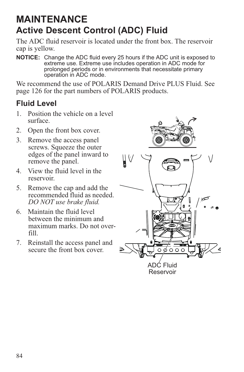 Maintenance, Active descent control (adc) fluid | Polaris 2013 ATV Sportsman 500 Tractor INTL User Manual | Page 86 / 141