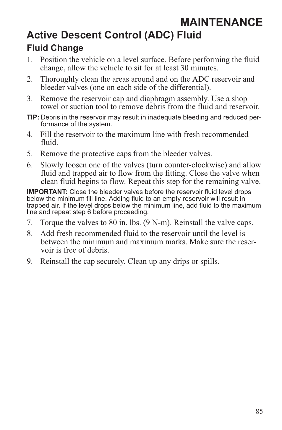 Maintenance, Active descent control (adc) fluid | Polaris 2013 ATV Sportsman 500 Tractor INTL User Manual | Page 87 / 141