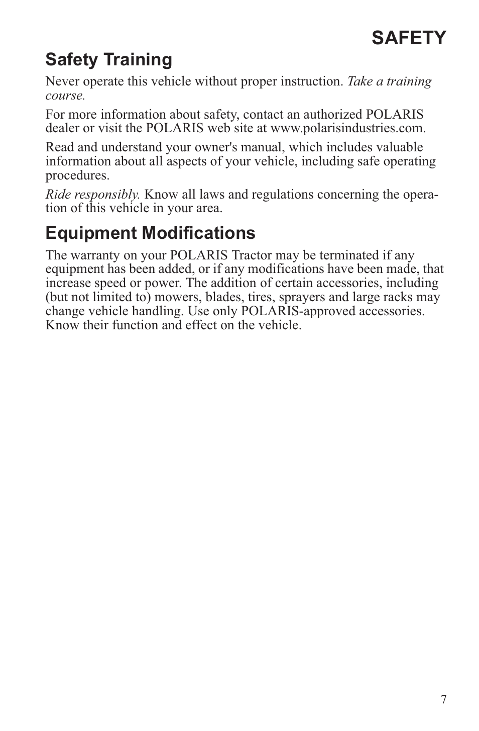 Safety, Safety training, Equipment modifications | Polaris 2013 ATV Sportsman 500 Tractor INTL User Manual | Page 9 / 141