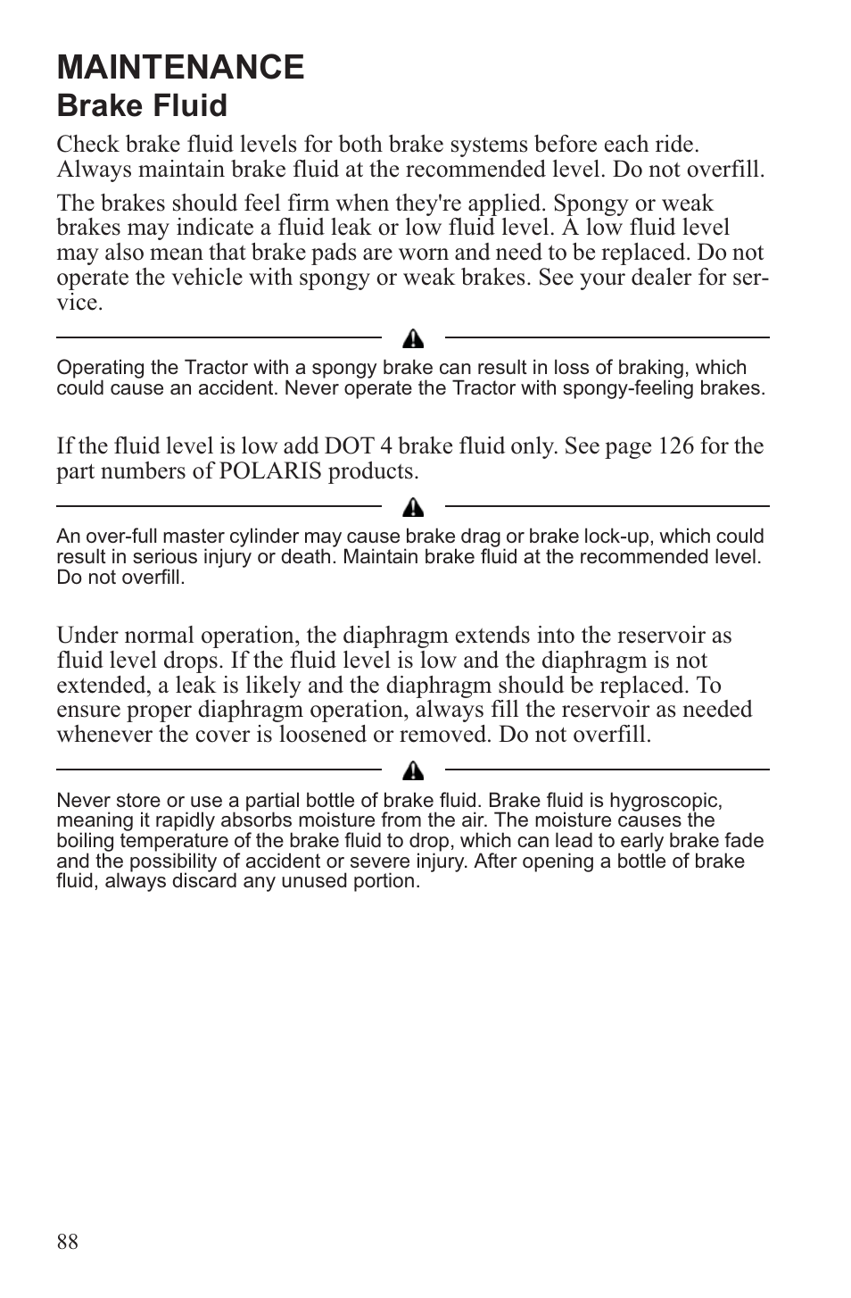 Maintenance, Brake fluid | Polaris 2013 ATV Sportsman 500 Tractor INTL User Manual | Page 90 / 141
