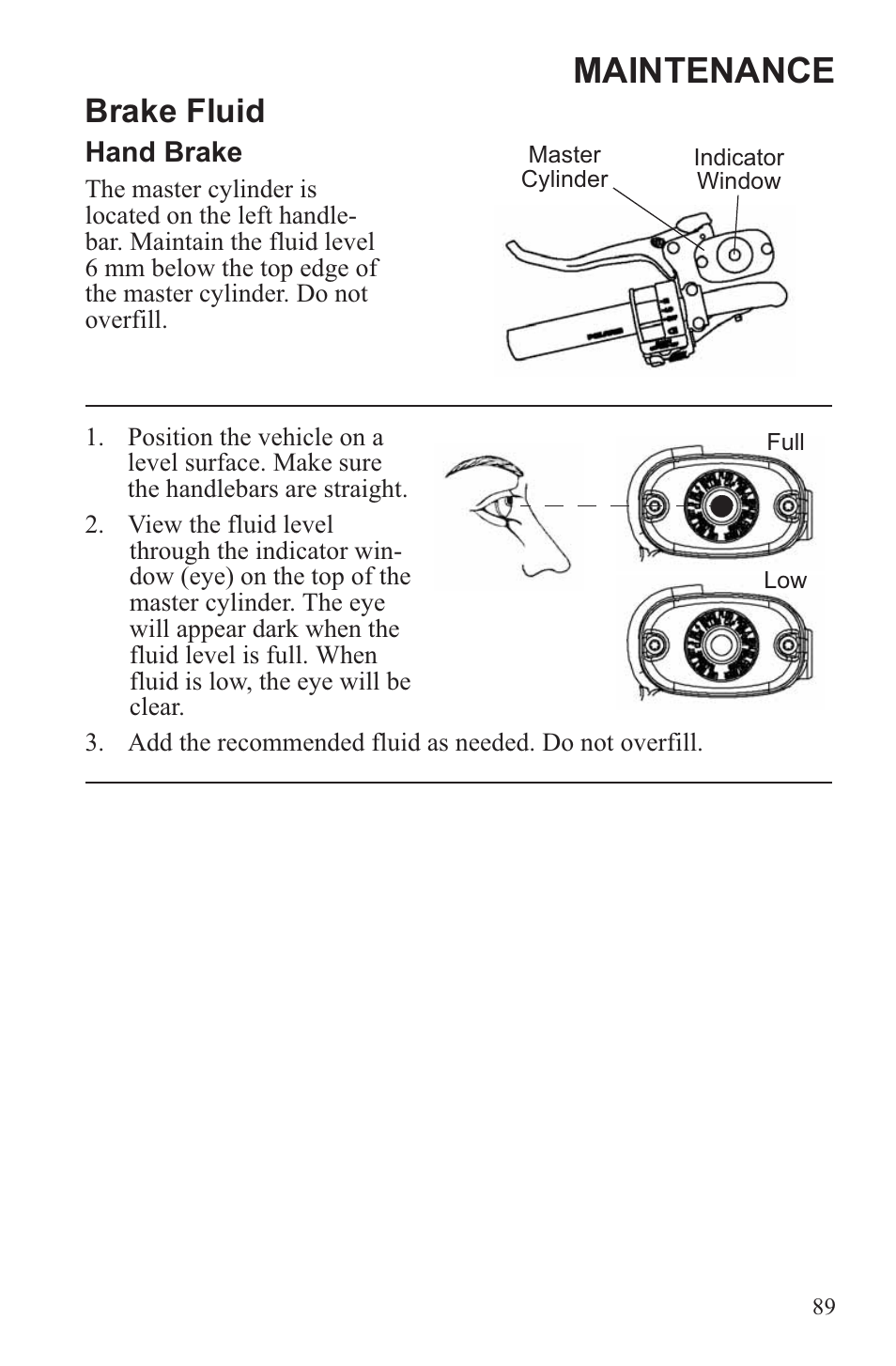 Maintenance, Brake fluid | Polaris 2013 ATV Sportsman 500 Tractor INTL User Manual | Page 91 / 141