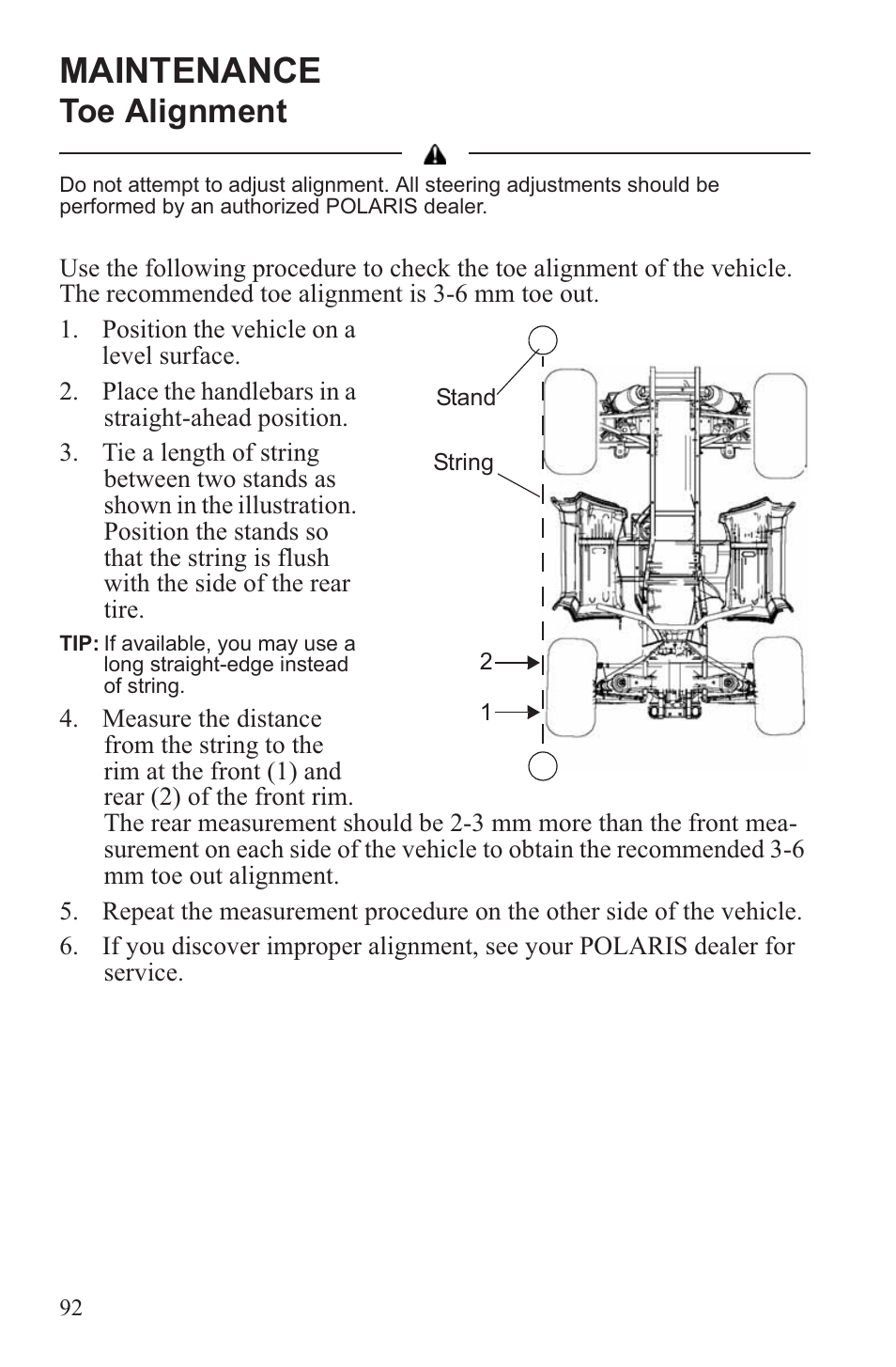 Maintenance, Toe alignment | Polaris 2013 ATV Sportsman 500 Tractor INTL User Manual | Page 94 / 141