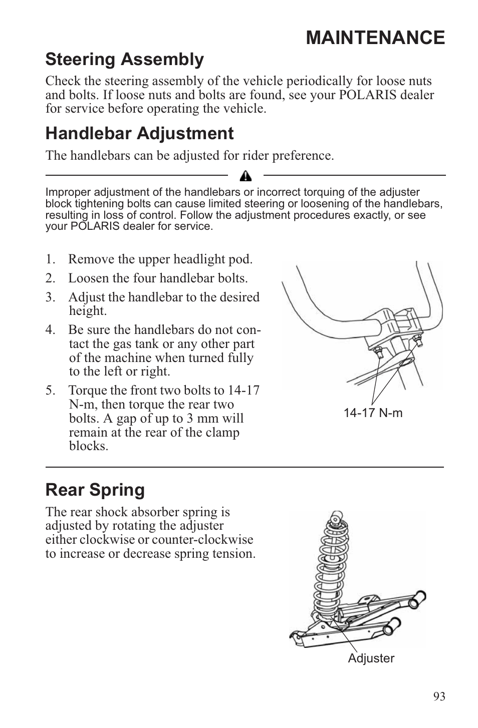 Maintenance, Steering assembly, Handlebar adjustment | Rear spring | Polaris 2013 ATV Sportsman 500 Tractor INTL User Manual | Page 95 / 141