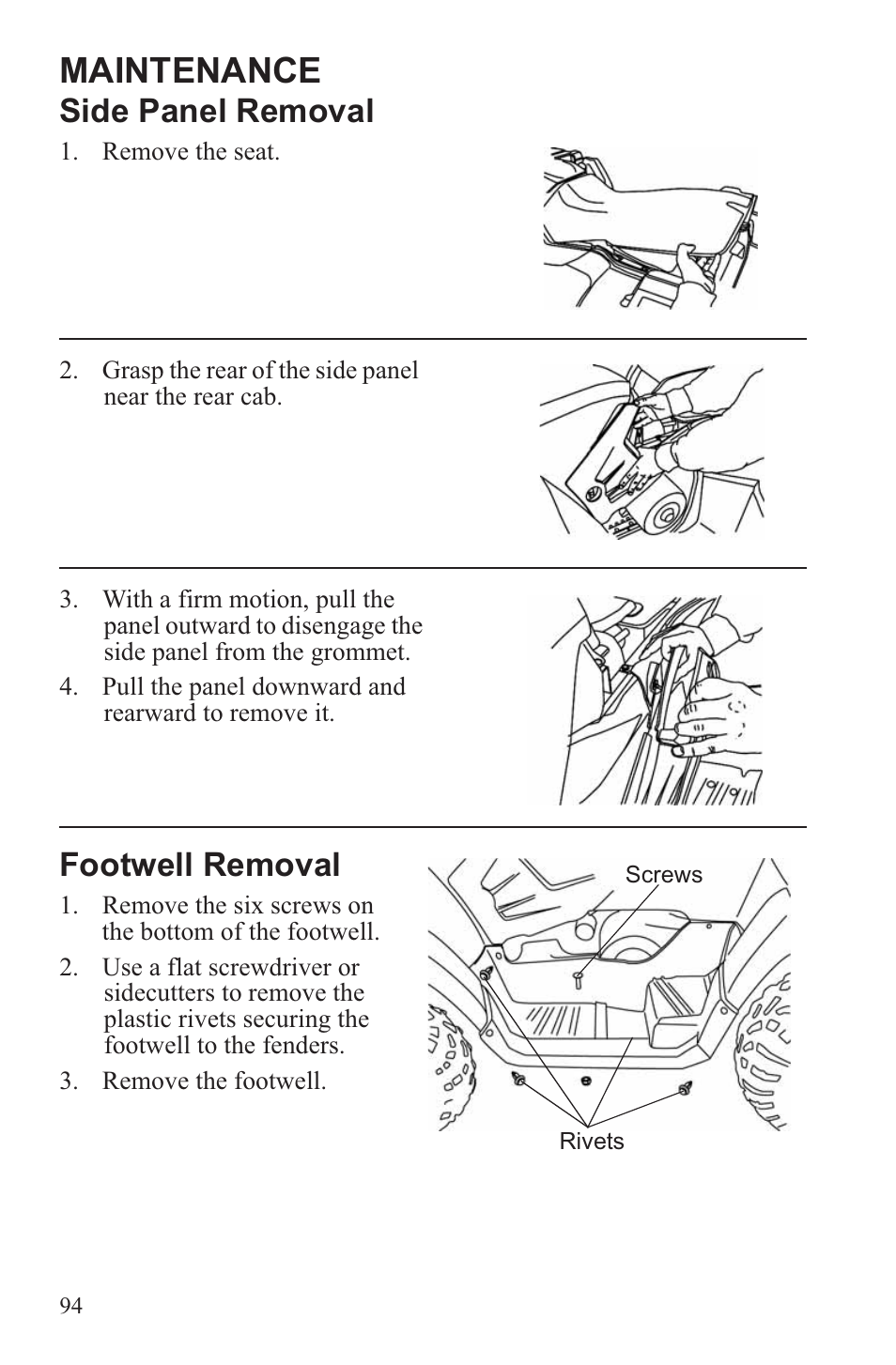 Maintenance, Side panel removal, Footwell removal | Polaris 2013 ATV Sportsman 500 Tractor INTL User Manual | Page 96 / 141